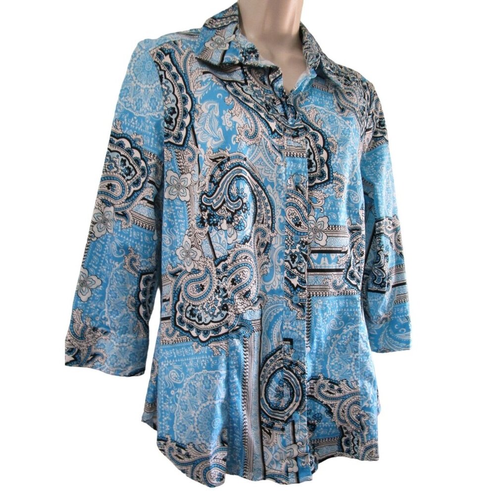 New York Company Womens Blue Paisley Button-Down Shirt XL Cotton Spandex